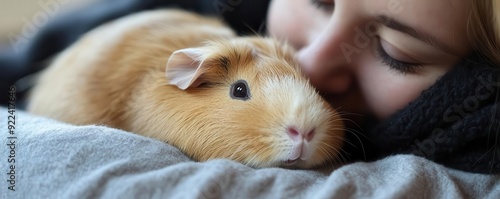 A close-up of a person cuddling a guinea pig, showcasing the affectionate bond between human and pet.