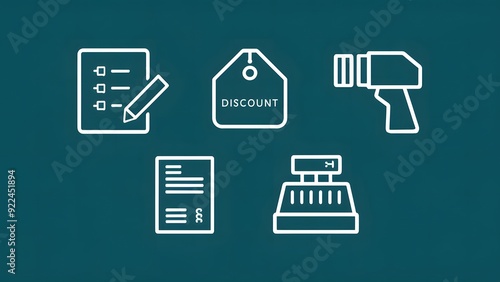 2D icons of a pricing machine, menu, cash register, reject sheet and price separate on a bright red background in a simple black and white design, with vertical and curved lines forming their bodies.