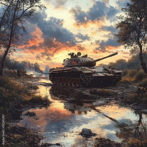 Riverbank Skirmish: A tank engaging in a skirmish near a riverbank, with water reflecting the battle and the landscape in the distance.