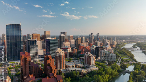 Calgary, Alberta - July 10, 2024: Aerial view of Calgary skyline on a beautiful summer sunset, Alberta - Canada