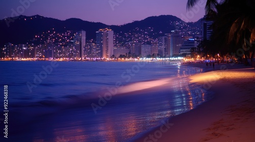 Mexico Acapulco Beach. Tropical Coast View in America with Summer Night Swimming in Pacific