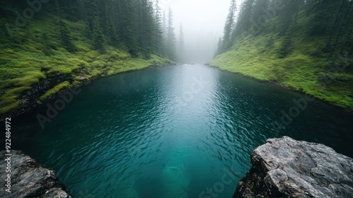 A serene turquoise lake surrounded by a lush green forest, shrouded in mist, creating a tranquil and peaceful ambiance that's a perfect portrayal of unspoiled nature.