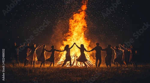 A group of people holding hands around a large bonfire on a starry night