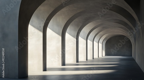 A series of concrete arches create a long hallway with light streaming in.