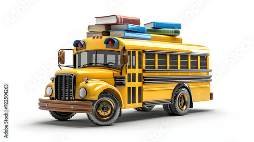 A unique 3D Flat Icon School Bus with Chalkboard and Books, blending traditional and modern educational tools, isolated on white background for ample text or graphic space.