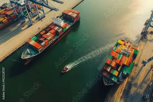 Vibrant Port Life - Aerial View Capturing the Dynamic Interplay of Cargo Ships and Small Boats in a Bustling Commercial Harbor.