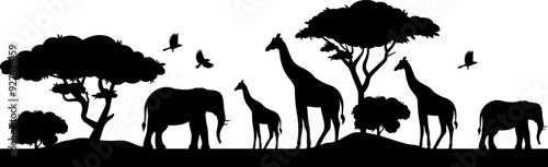 African savanna safari with animals seamless border. Black silhouette illustration on white background. Wild nature landscape. Horizontal banner with elephant, giraffe. Not merged, separate elements.