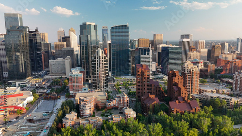 Calgary, Alberta - July 10, 2024: Aerial view of Calgary at sunset