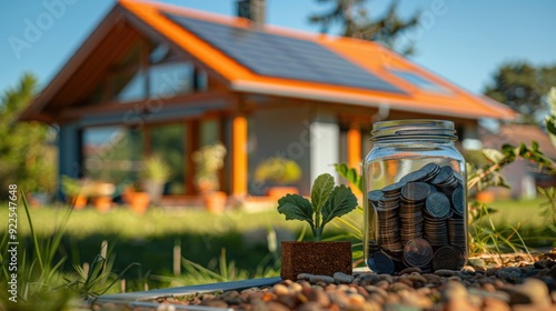 A residential property equipped with solar panels, depicted during a sunny day. The focus is on a savings jar filled with coins, placed next to a miniature model of the house, symbolizing the