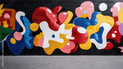 Colorful graffiti art on a brick wall with abstract shapes and designs.