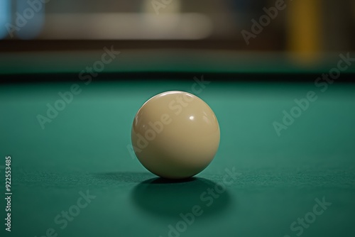 A cue ball rests on the green felt of a billiards table, perfectly aligned for the next shot in a relaxed game room environment