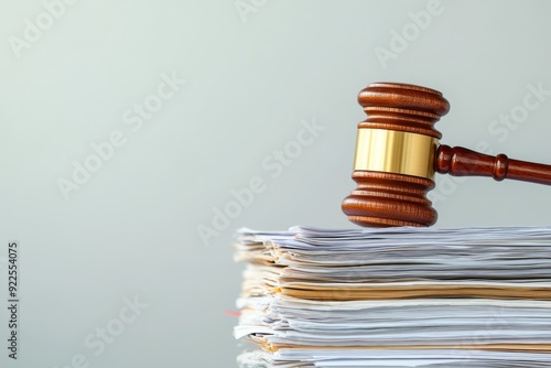 A polished wooden gavel rests atop a stack of legal documents, symbolizing authority in a courtroom setting