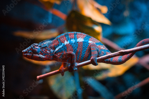 A chameleon blending into its surroundings, perched on a branch.