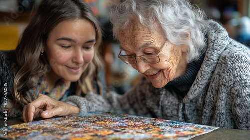 A volunteer chatting with an elderly resident in a nursing home, helping them with a puzzle and sharing stories