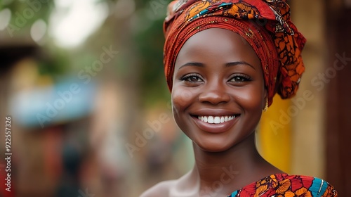 A beautiful Congolese woman. Republic-of-the-Congo. A beautiful Congolese woman. A joyful woman wearing a vibrant traditional headwrap smiles brightly in a picturesque outdoor setting, capturin. #wotw