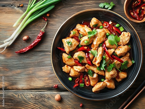 A Kung Pao Chicken. The most popular Chinese dishes. A spicy stir-fry dish made with chicken, peanuts, vegetables, and chili peppers, originating from Sichuan province.