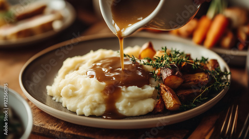 a hand pouring rich gravy over a plate of mashed potatoes, with roasted vegetables on the side