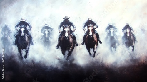 Cowboys riding horses through thick dust at sunset during a ranch round-up