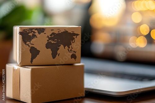 Stylish cardboard boxes with a world map on a desk beside a laptop, perfect for themes of shipping, logistics, and global trade.