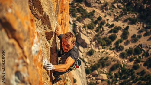 Professional Rock Climber Scaling Challenging Cliff with Breathtaking Valley View