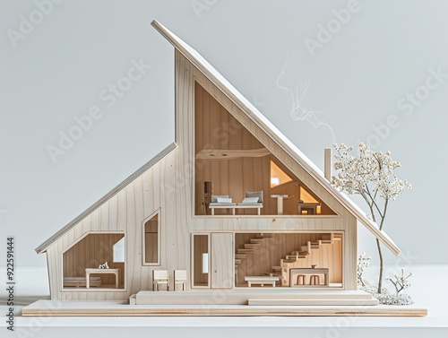 Blank white background, product showcase, toy-sized house with a slanted roof, Scandinavian-inspired wooden architecture by MIEDT, award-winning design, contest winner, clean and professional, no