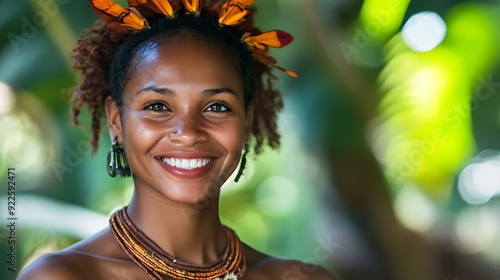 A beautiful New-Guinean guinean. Papua-New-Guinea. A beautiful New guinean. A smiling woman adorned with vibrant accessories and foliage in the background, conveying a sense of culture and natu. #wotw