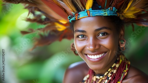 A beautiful New-Guinean guinean. Papua-New-Guinea. A beautiful New guinean. A vibrant portrait of a smiling woman adorned with traditional tribal accessories and colorful feathers, embodying cu. #wotw