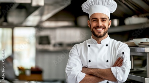 A happy male chef stands proudly in a modern restaurant kitchen. He wears a classic white uniform and a chef hat. This image captures the essence of culinary passion and professionalism. AI