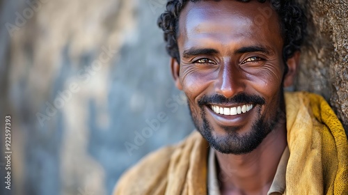 A handsome Ethiopian man. Ethiopia. A joyful man with curly hair and a warm smile poses against a textured background. . #motw