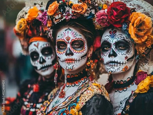 People Dressed as Catrinas for Día de los Muertos Celebrations with Elaborate Costumes and Face Paint