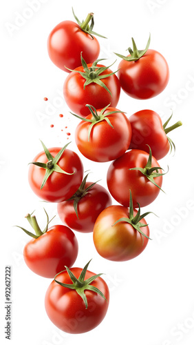 Cluster of tomatoes with green stems on transparent background, isolated PNG transparent