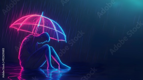 minimalistyczna ilustracja, neon, samotna postać, siedząca postać, złamany parasol, deszcz, świecący parasol, kanciaste kształty, pochylona postać, symbol depresji, ciężar emocjonalny, smutek, izolacj