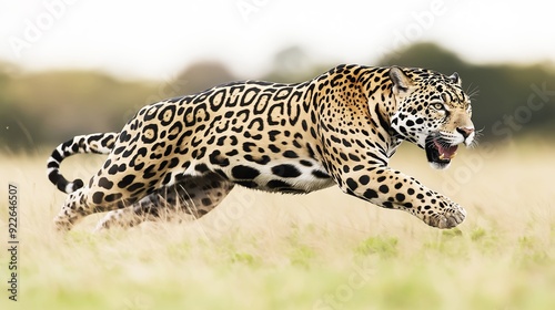 A jaguar running in the middle of the grass field at full speed with an open mouth showing teeth and a blurred background.