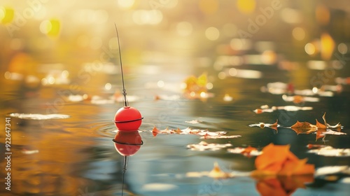 Fishing float ball in tranquil water with autumn leaves and sunlight reflection, creating a serene and picturesque scene.