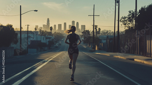 A female woman marathon runner with pony tail training running in the street in LA