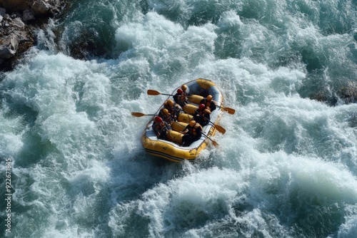 A group of adventurers experience the thrill of white water rafting on a wild river, working together in a yellow raft, showcasing team spirit and excitement.