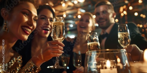 People at party. Party goers toasting with champagne.