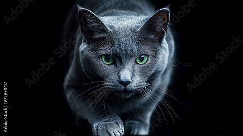 A sleek gray cat with striking green eyes moving gracefully in low light