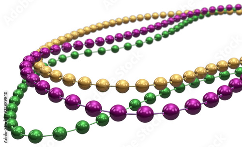 Mardi Gras beads over a transparent background, with depth of field. 3D render.