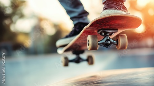 A detailed and dynamic capture of a skateboarder performing a jump trick in the air at a skatepark, showcasing the excitement and skill of the sport.