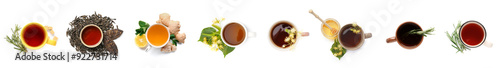 Set of cups with different kinds of tea on white background, top view