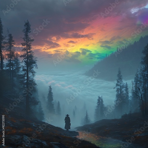 Dark Fantasy Art, A misty dawn over ernest, with the horizon shrouded in swirling fog and rainbows