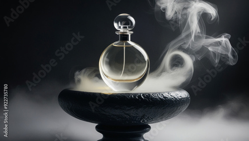 A round bottle of eau de toilette stands on a stone stand, shrouded in smoke.