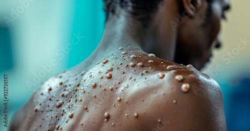 Close up of a black persons back covered in monkeypox rash. Generative ai image