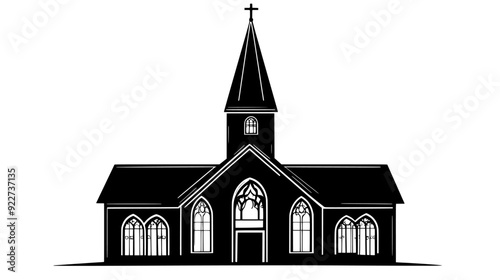 Centuries-old church with a steeple and stained glass windows, vector illustration art