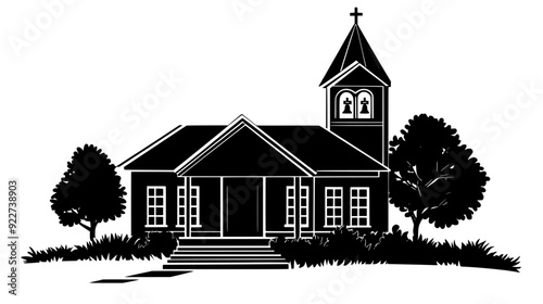 Rural schoolhouse with a bell tower, a rectangular shape, and steps leading to the entrance, vector illustration art