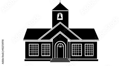 Old schoolhouse with a bell tower, symmetrical design, and large, multi-paned windows, vector illustration art