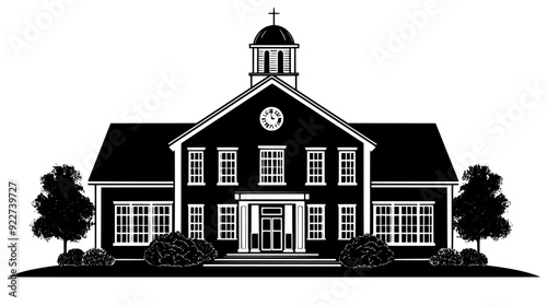 Old schoolhouse with a bell tower, symmetrical design, and large, multi-paned windows, vector illustration art