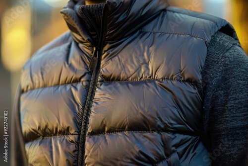 A person dressed in a black puffy vest and hat, suitable for winter or outdoor activities