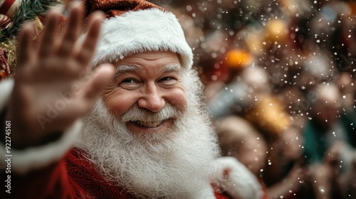 Santa Claus waves warmly and smiles amidst crowds during a festive parade, spreading joy and embodying the cheerful and merry Christmas spirit.